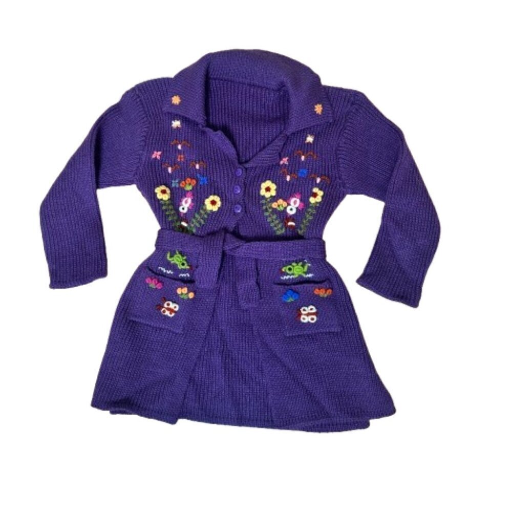 Vintage Baby Toddler Sweater Coat with Embroidered Flowers Size 2T